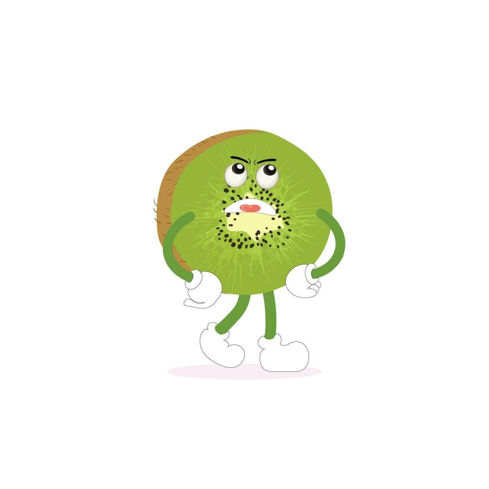 kiwi Fruta dibujos animados personaje con verdoso marrón borroso piel y señalando mano gesto, para agricultura o Fresco comida diseño. kiwi Fruta vector caracteres, dibujos animados linda kiwi Fruta dibujos animados emoticonos