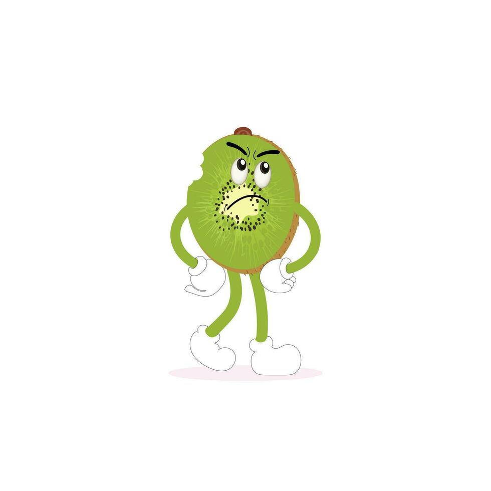 kiwi Fruta dibujos animados personaje con verdoso marrón borroso piel y señalando mano gesto, para agricultura o Fresco comida diseño. kiwi Fruta vector caracteres, dibujos animados linda kiwi Fruta dibujos animados emoticonos