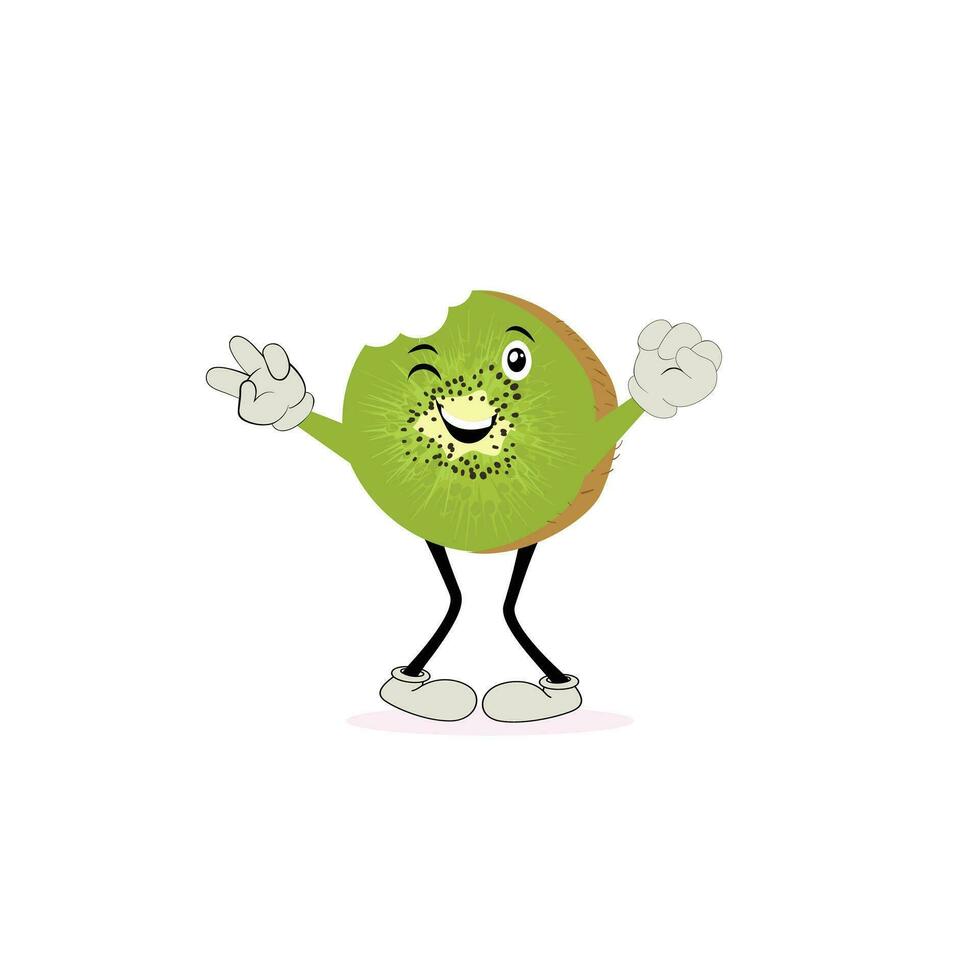 kiwi Fruta sonrisas linda dibujos animados emoticonos emoji iconos kiwi personaje con un frio cara y Gafas de sol. Perfecto para niños, mercancías y pegatina, bandera promoción vector