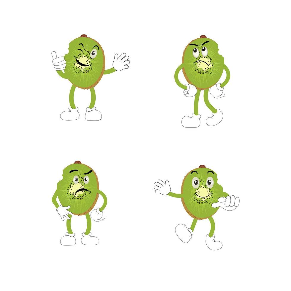 Kiwi fruit cartoon character with greenish brown fuzzy skin and pointing hand gesture,for agriculture or fresh food design. Kiwi fruit vector characters, Cartoon cute Kiwi fruit cartoon emoticons.