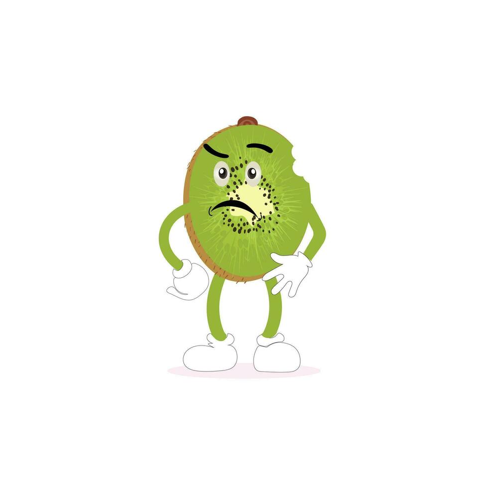 kiwi Fruta dibujos animados personaje con verdoso marrón borroso piel y señalando mano gesto, para agricultura o Fresco comida diseño. kiwi Fruta vector caracteres, dibujos animados linda kiwi Fruta dibujos animados emoticonos