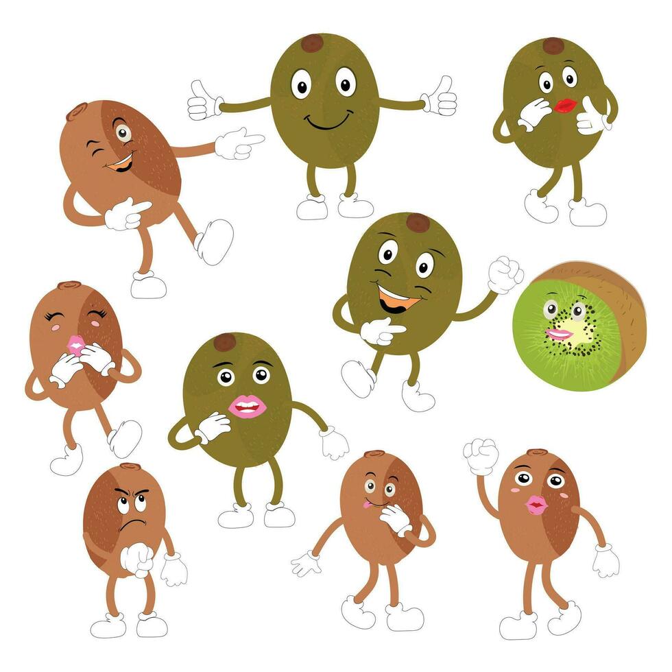 kiwi Fruta sonrisas linda dibujos animados emoticonos emoji iconos kiwi personaje con un frio cara y Gafas de sol. Perfecto para niños, mercancías y pegatina, bandera promoción vector