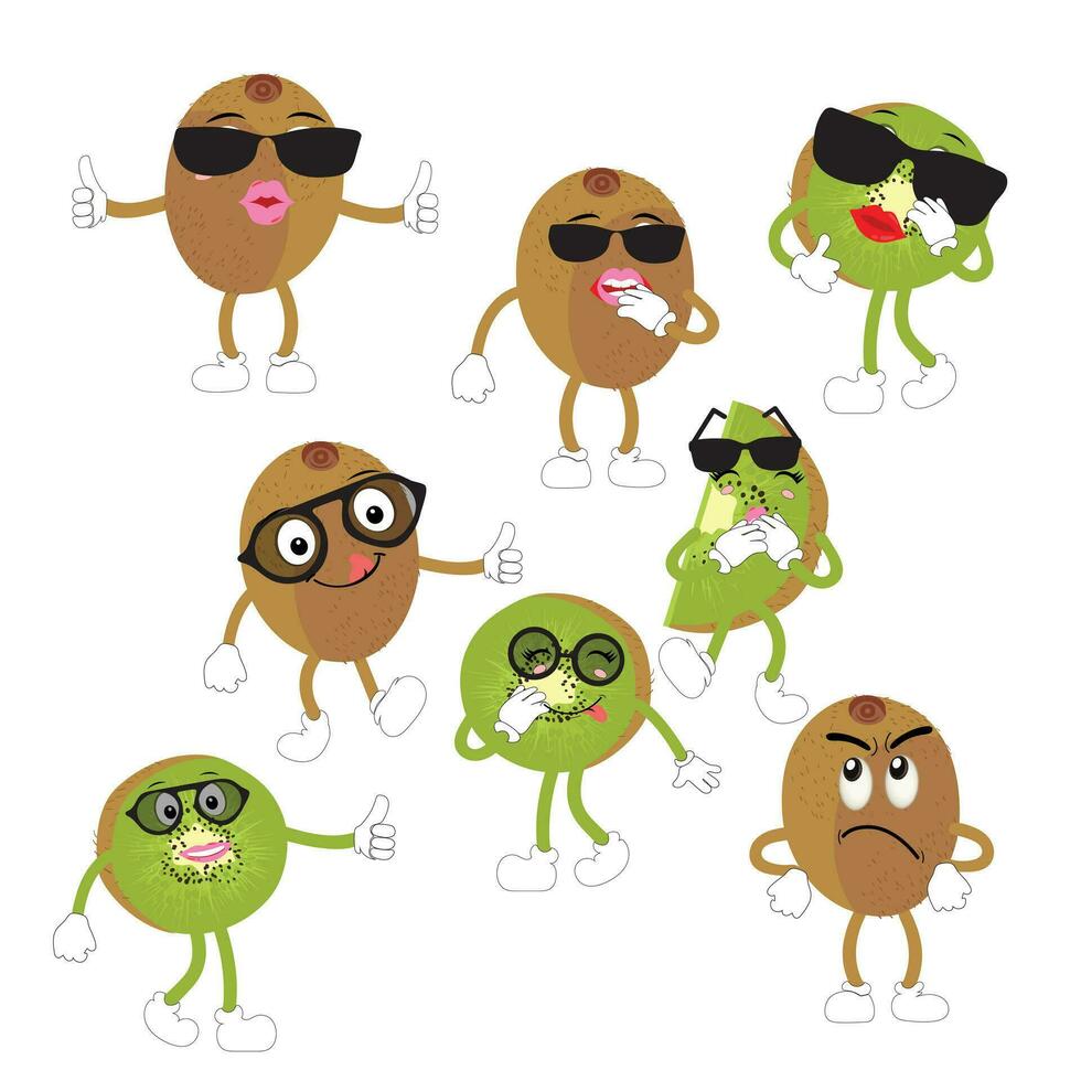 kiwi Fruta sonrisas linda dibujos animados emoticonos emoji iconos kiwi personaje con un frio cara y Gafas de sol. Perfecto para niños, mercancías y pegatina, bandera promoción vector