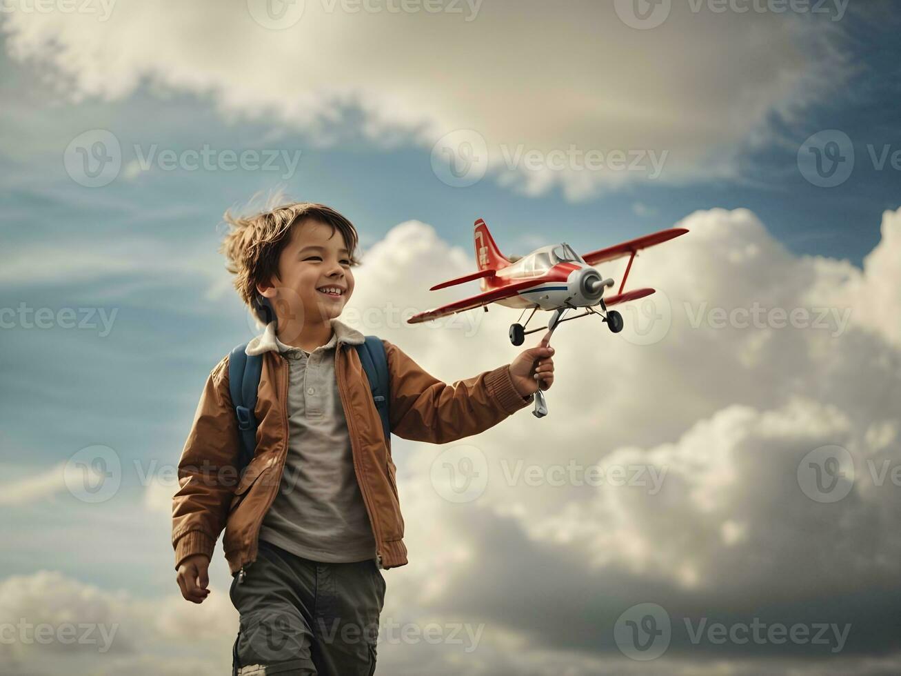 contento niño con avión al aire libre foto