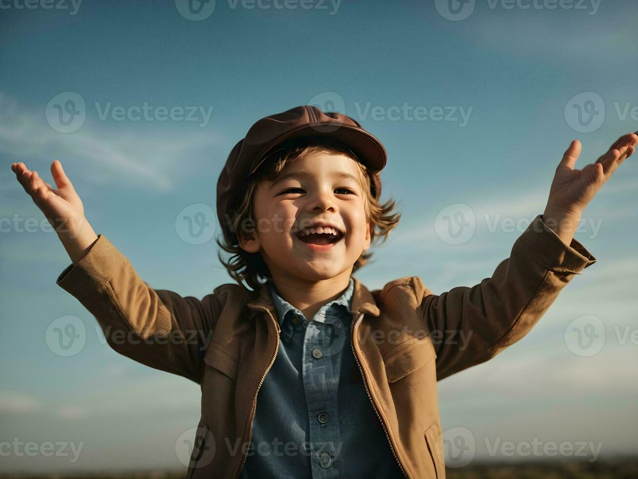 Boy with arms raised with sky photo