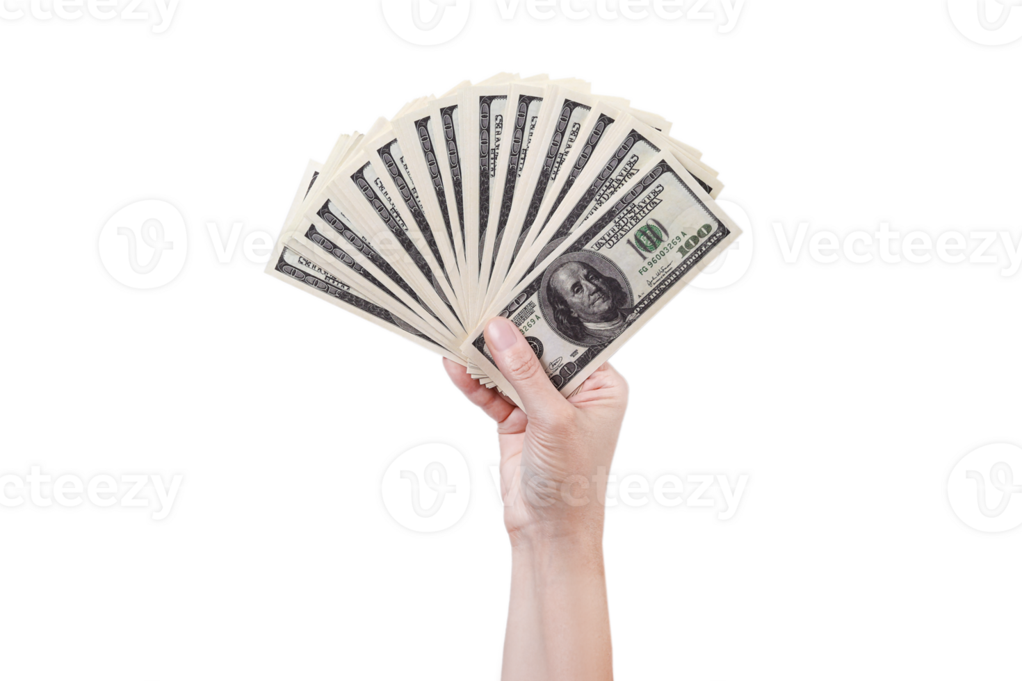 ventilator van geld in een hand- geïsoleerd PNG transparant achtergrond 100 dollars