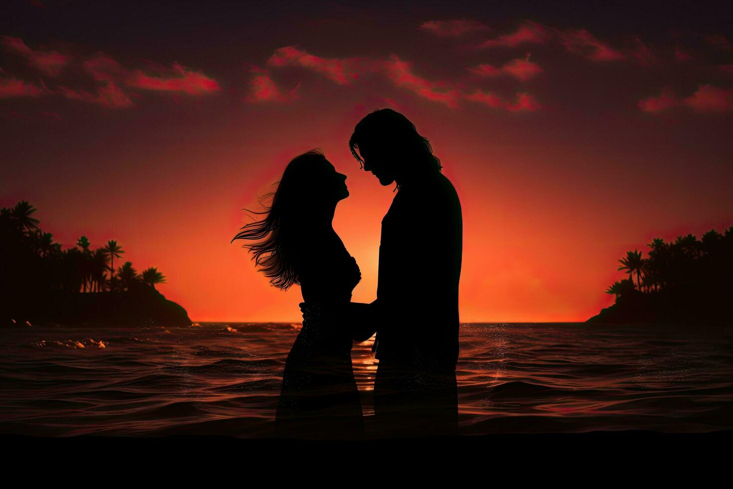 Silhouette of a loving couple on the beach at sunset, silhouette Couple in love emerges from the ocean summer feeling, AI Generated photo