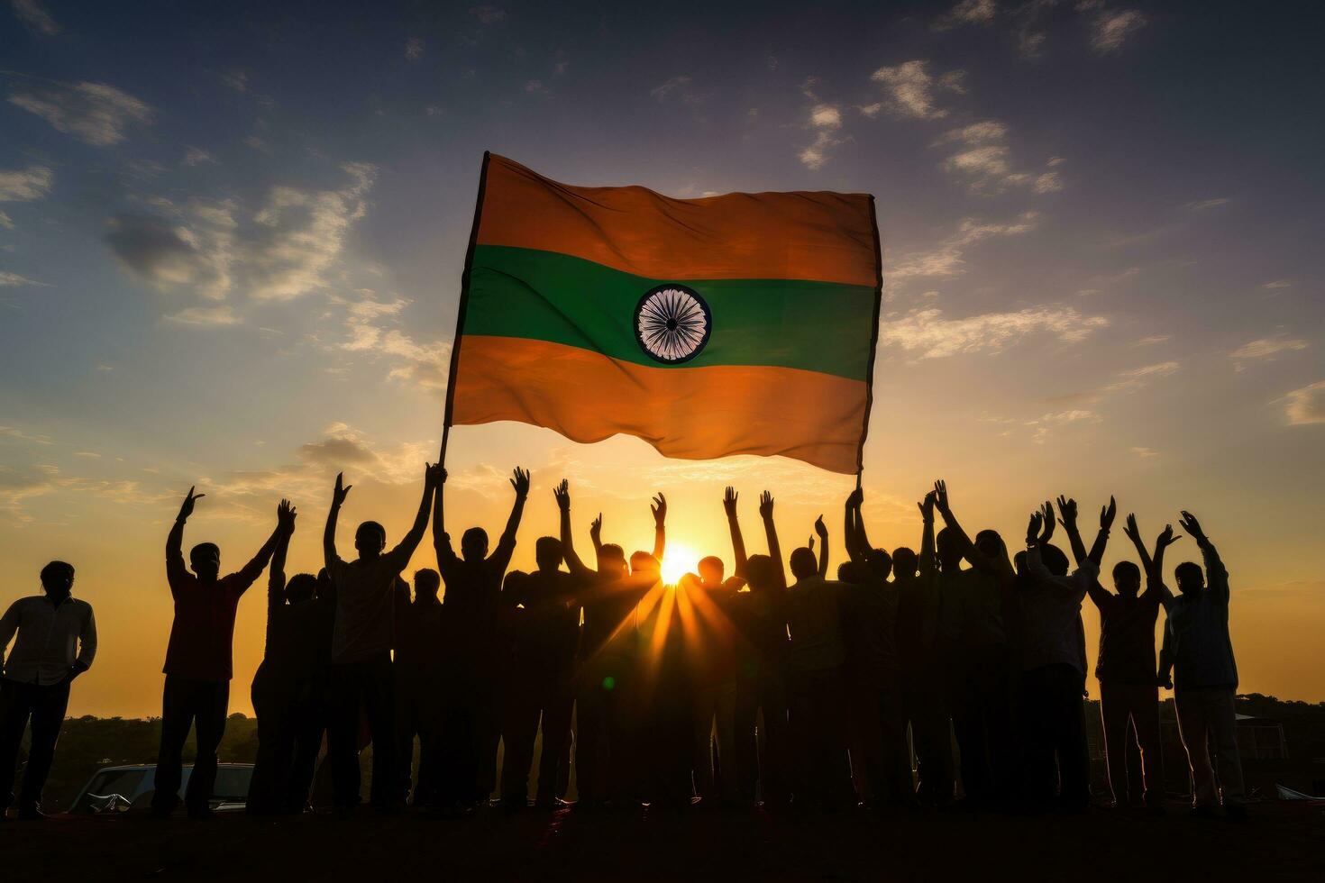 Silhouette of a group of people holding the flag of India at sunset, silhouette Group of People Waving Indian Flags, AI Generated photo