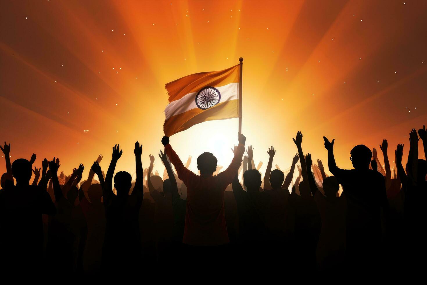 Silhouettes of people holding the flag of India in front of a sunburst, silhouette Group of People Waving Indian Flags, AI Generated photo