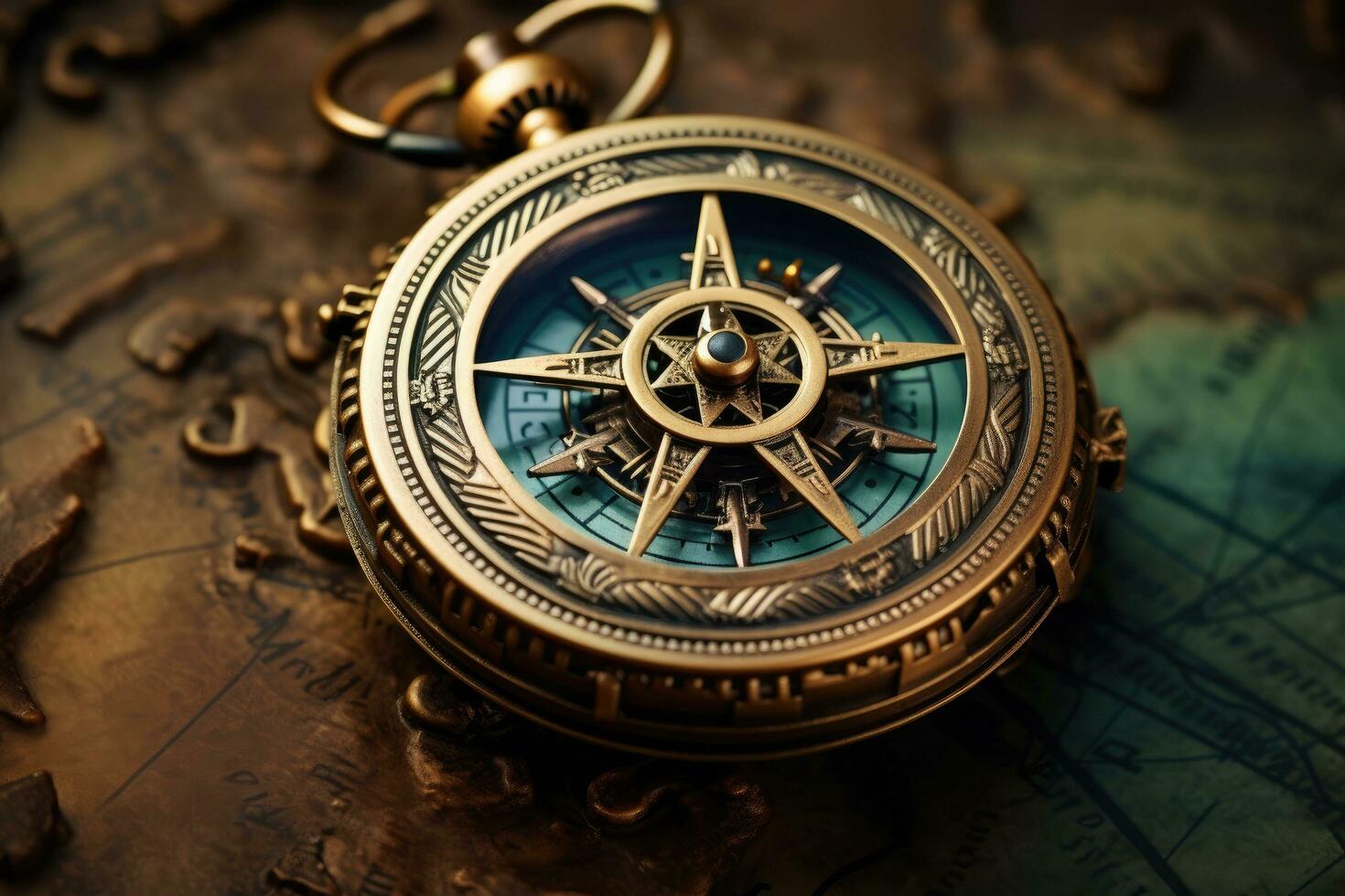 Compass on old map background. Vintage style toned picture, Retro compass that looks like it belongs to a pirate, AI Generated photo