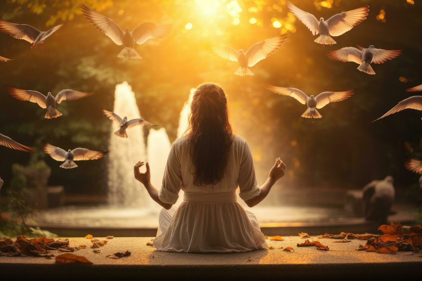 joven mujer meditando en loto posición con volador palomas en el parque, posterior ver de mujer Orando y gratis pájaro y disfrutando naturaleza, ai generado foto