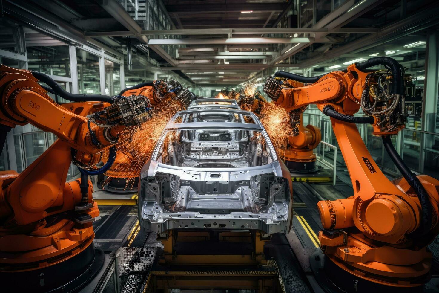 Automotive assembly line. Assembly line of automobile factory. Industrial automotive industry, robotic car production line, AI Generated photo