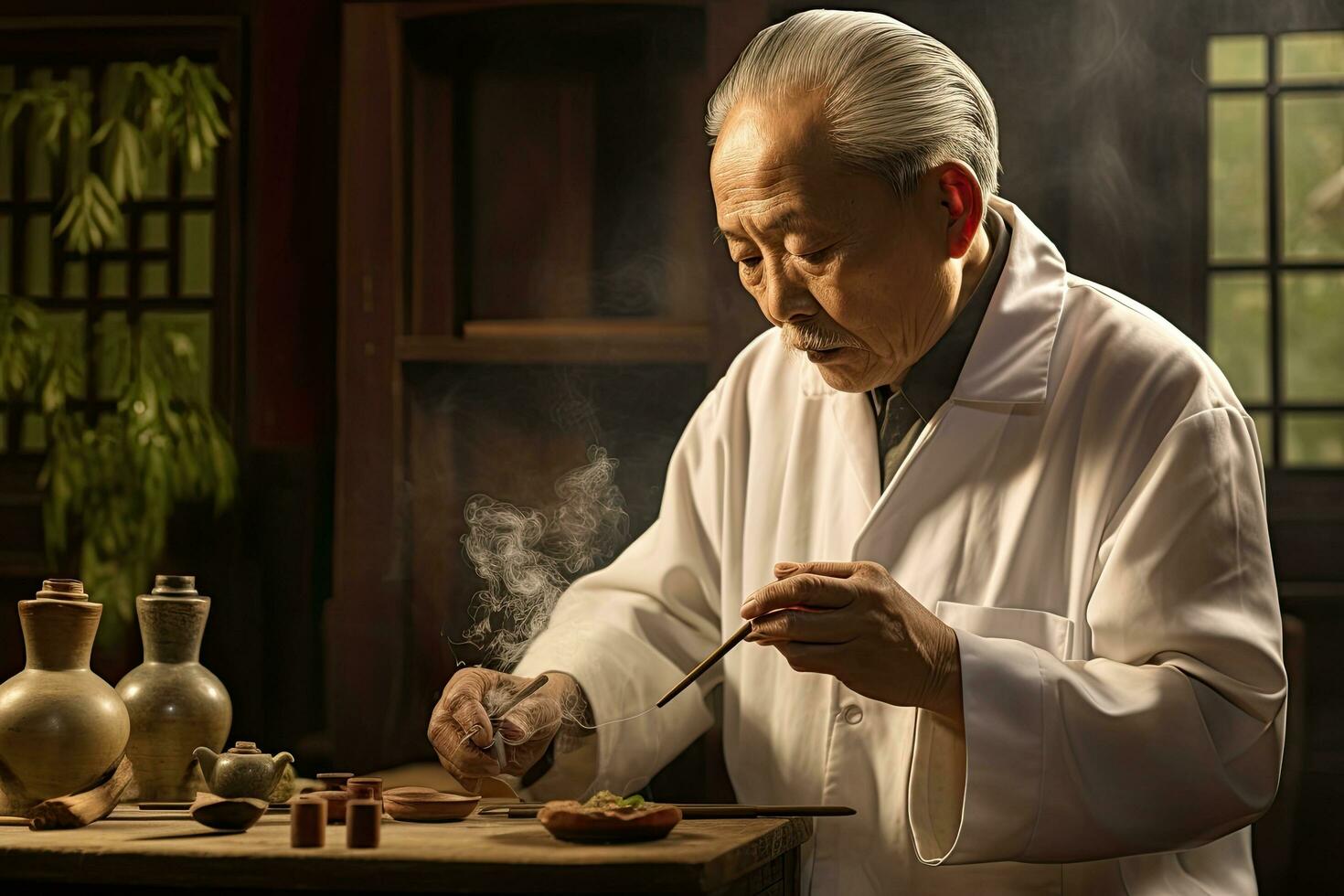 Senior Japanese chef cooking a meal at a restaurant, closeup portrait, Senior Chinese doctor giving moxibustion, AI Generated photo