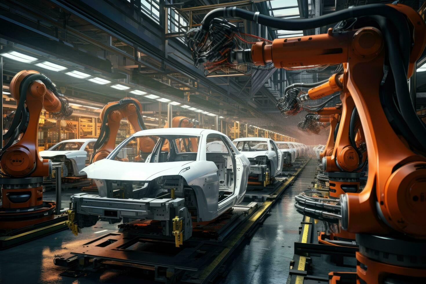 Automation industry concept. Automotive assembly line in factory. 3D rendering, robotic car production line, AI Generated photo