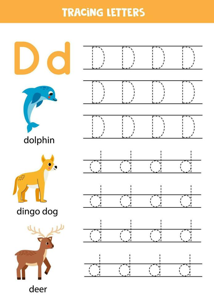 Tracing alphabet letters for kids. Animal alphabet.  Letter d is for dolphin dingo dog and deer. vector