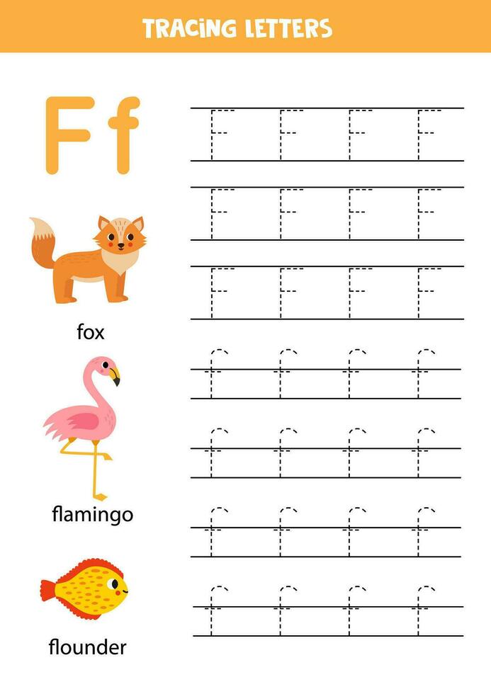 Tracing alphabet letters for kids. Animal alphabet. Letter f is for fox flamingo and flounder. vector