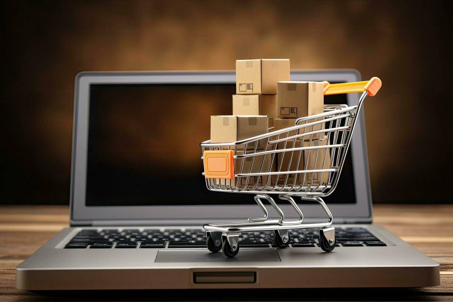 Shopping cart with boxes on a laptop. Online shopping concept, Shopping cart with boxes on laptop screen. Online shopping concept, AI Generated photo