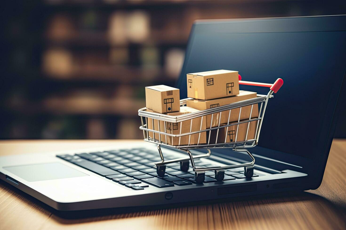 Shopping cart with boxes on laptop keyboard. Online shopping concept. 3D Rendering, Shopping cart with boxes on laptop screen. Online shopping concept, AI Generated photo