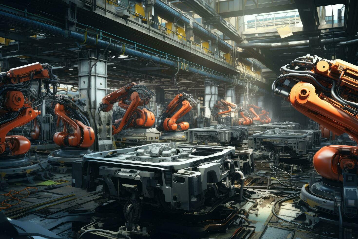 3d rendering robotic arms working in a factory. Automotive industry concept, robotic car production line, AI Generated photo
