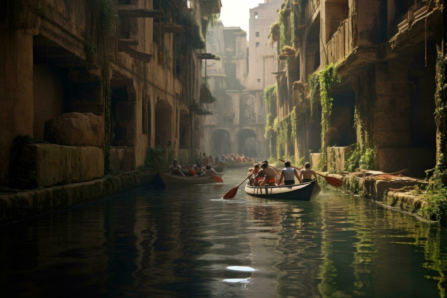 Tourists kayaking in the canal at Dubai Creek, Rowers grow out of concrete in a lost city, AI Generated photo