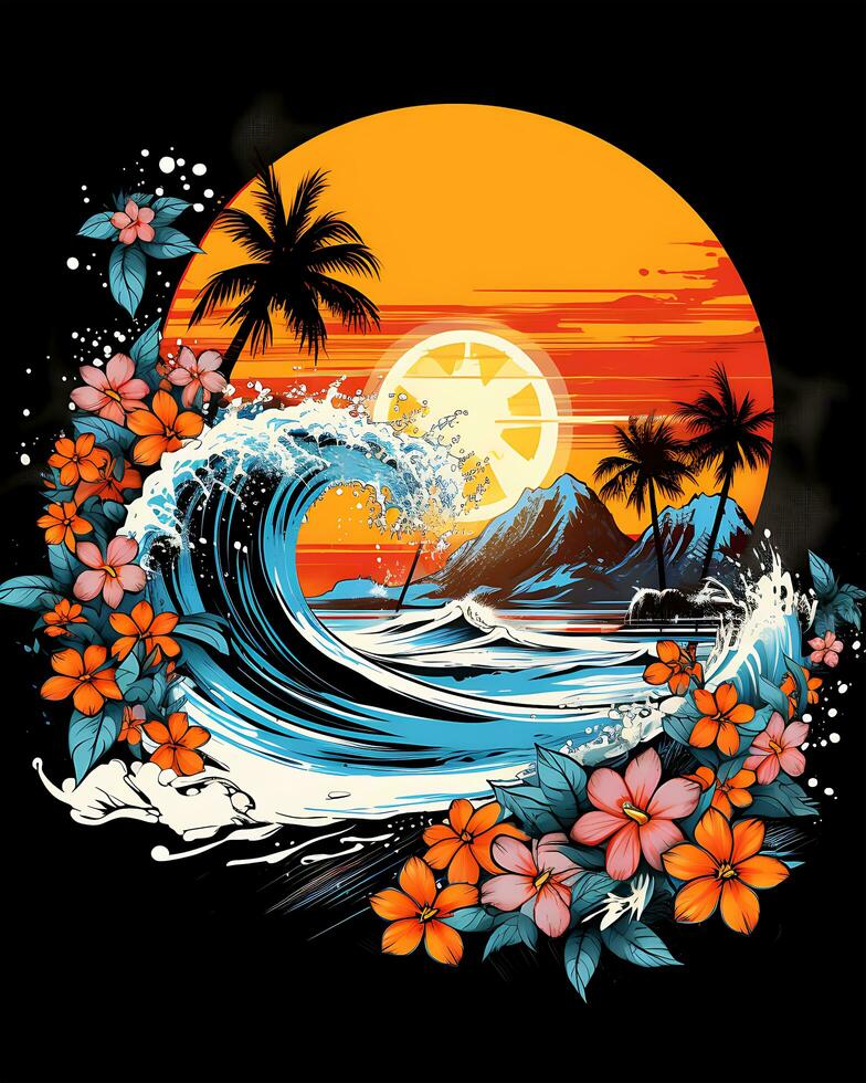 A View of Colorful Vintage Retro Beach Illustration Design photo