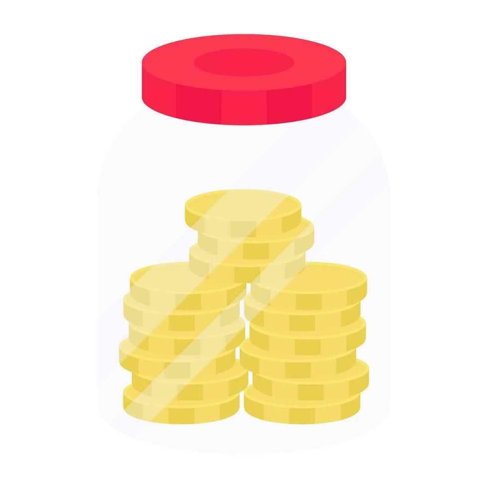Dollar insider glass bottle, flat design of money jar vector