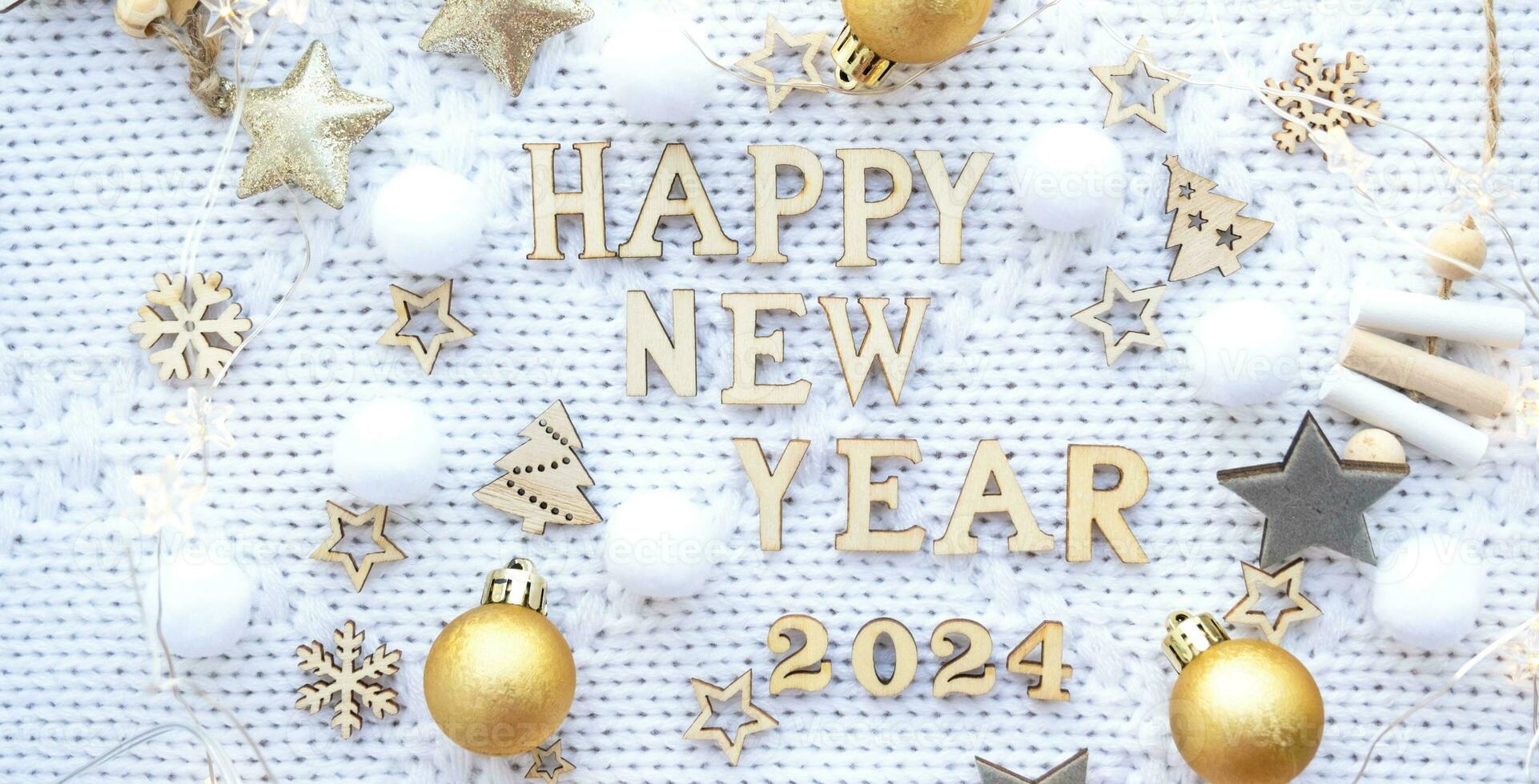 Happy New Year wooden letters and the numbers 2024 on cozy festive white knitted background with sequins, stars, lights of garlands. Greetings, postcard. Calendar, cover photo