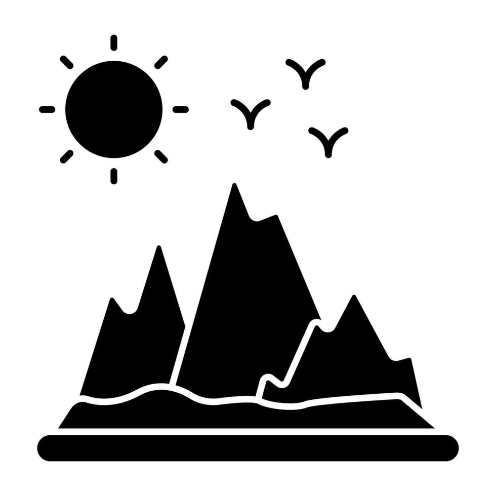 A unique design icon of mountains with sun showcasing hill station vector