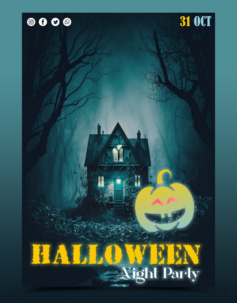 Happy Halloween. Psd template halloween party, pumpkin, pattern, gloomy castle and ghost for background, poster or flyer.