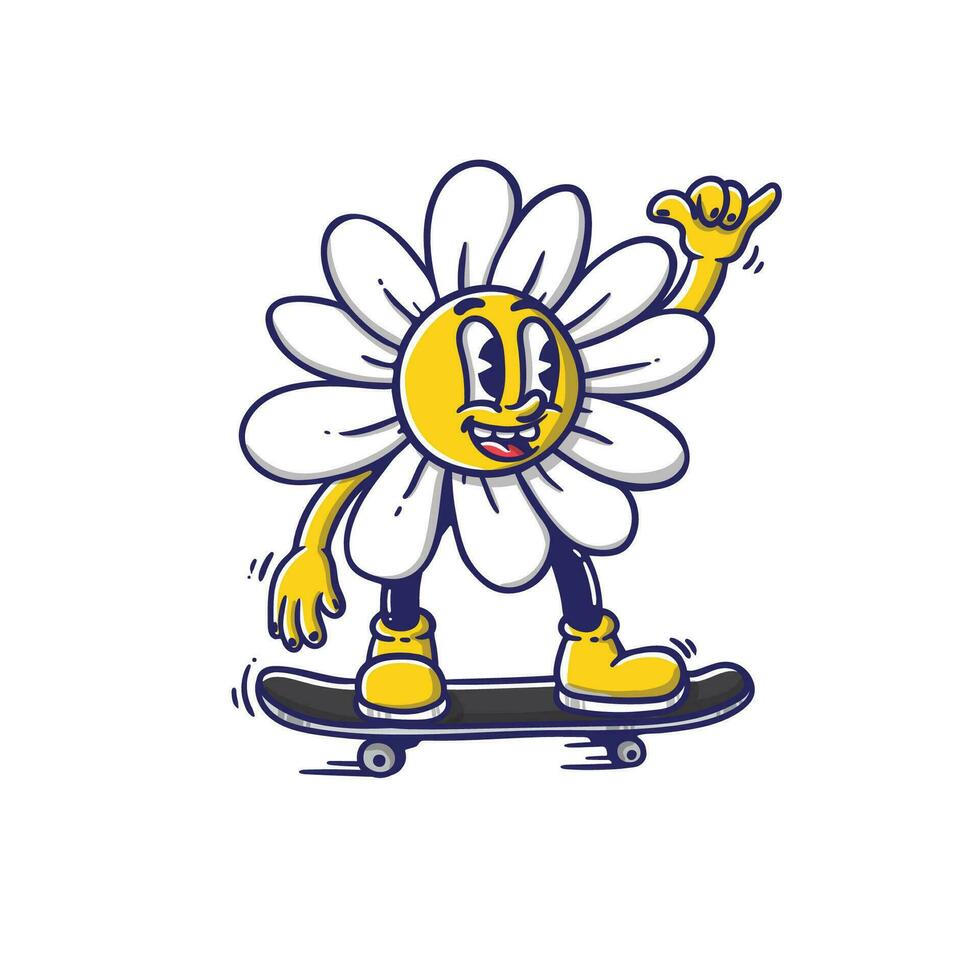 Illustration cartoon flower with happy face playing skate good for t shirt design and sticker vector