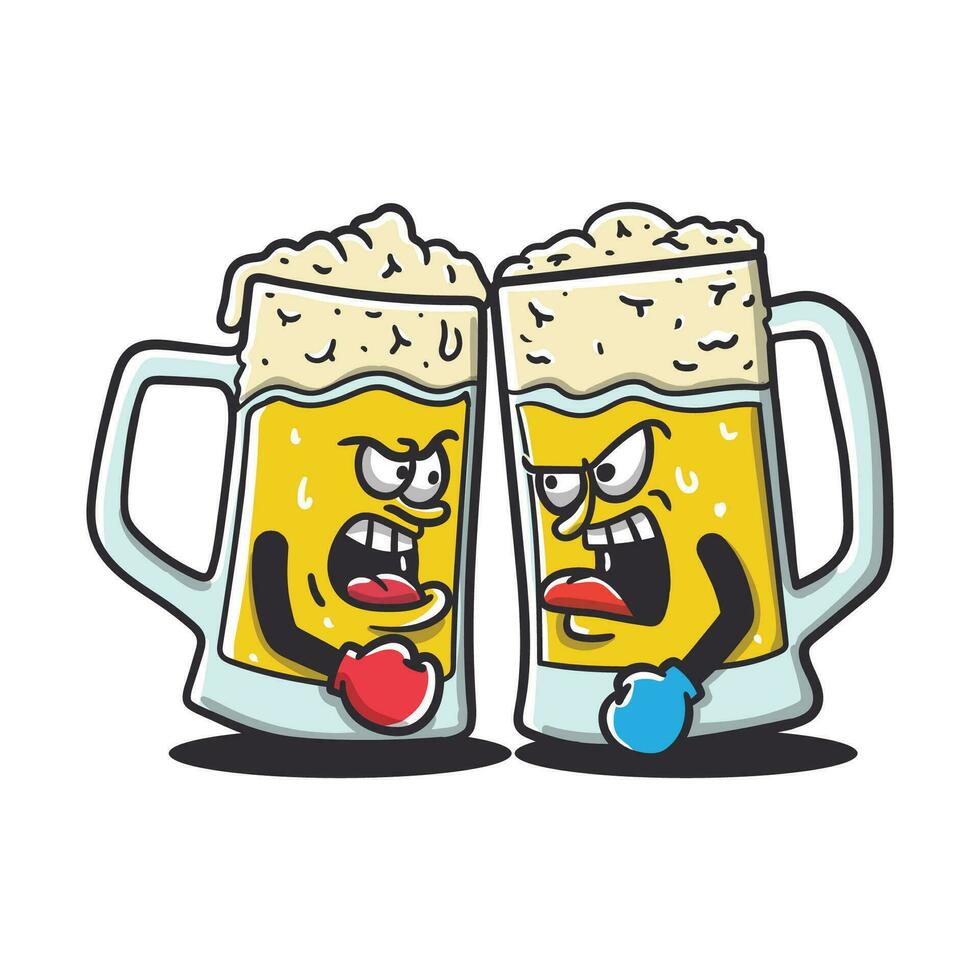 Illustration cartoon glasses beer with happy face good fight boxing for t shirt design and sticker vector