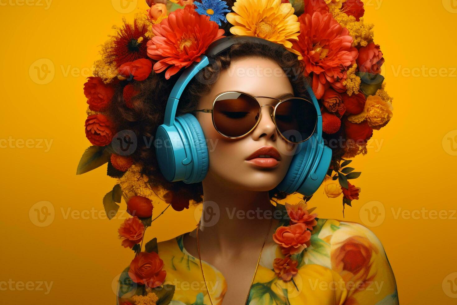 un mujer con auriculares y amarillo antecedentes foto