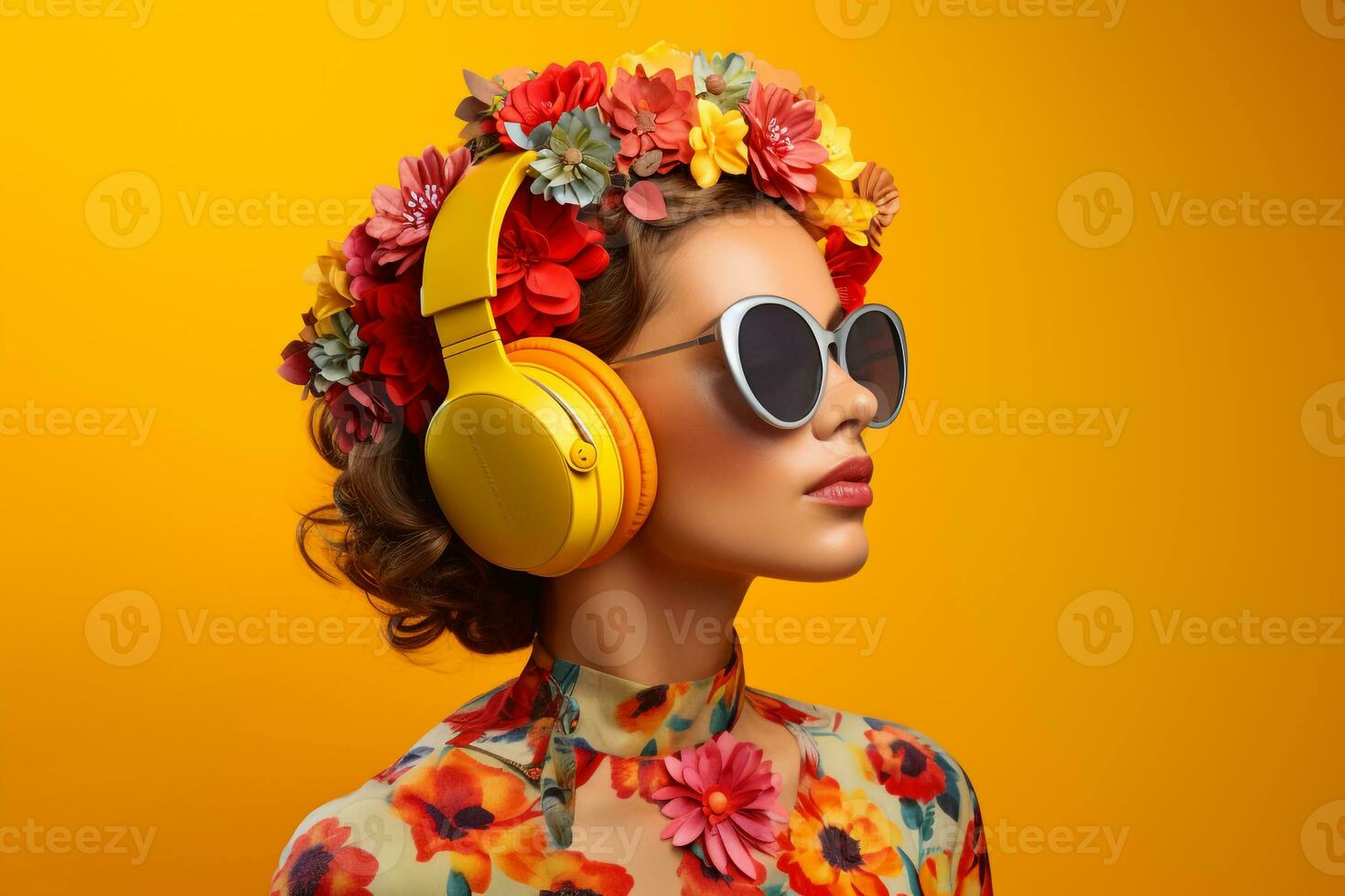 un mujer con auriculares y amarillo antecedentes foto