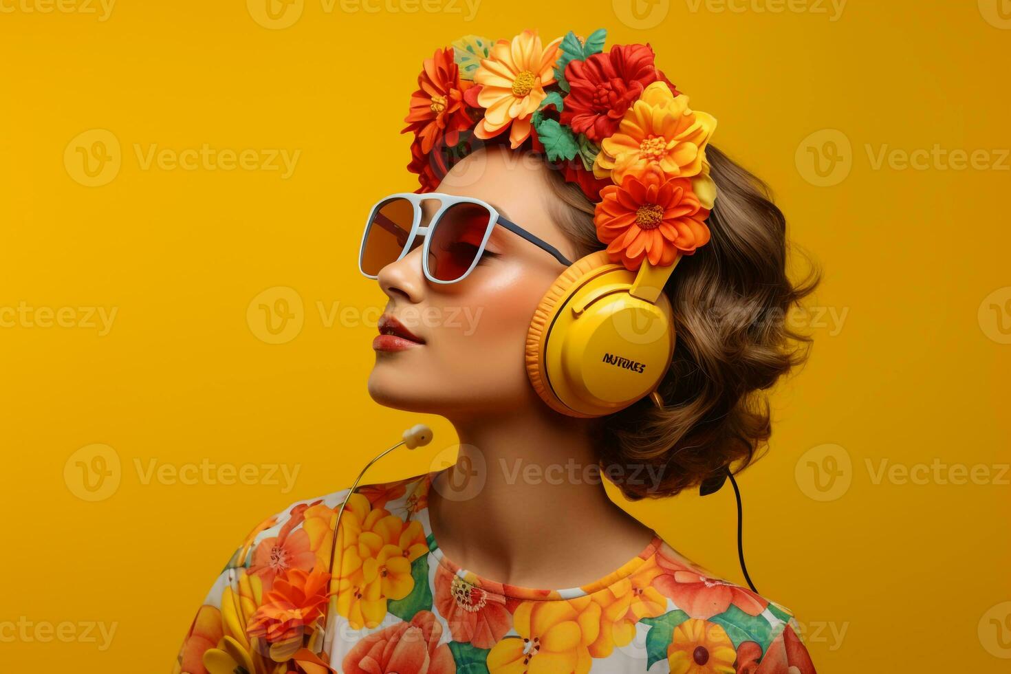 un mujer con auriculares y amarillo antecedentes foto