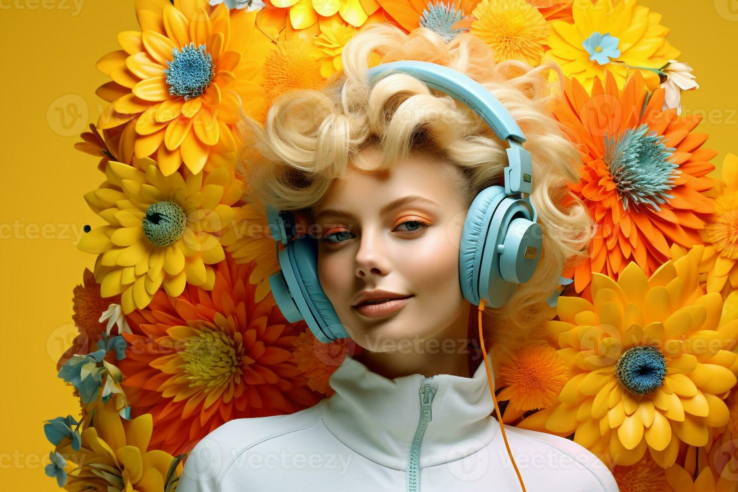 A Woman with Headphones and Yellow Background photo