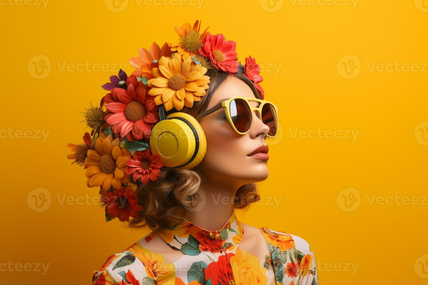 un mujer con auriculares y amarillo antecedentes foto