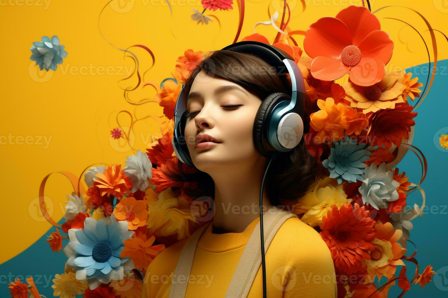 A Woman with Headphones and Yellow Background photo