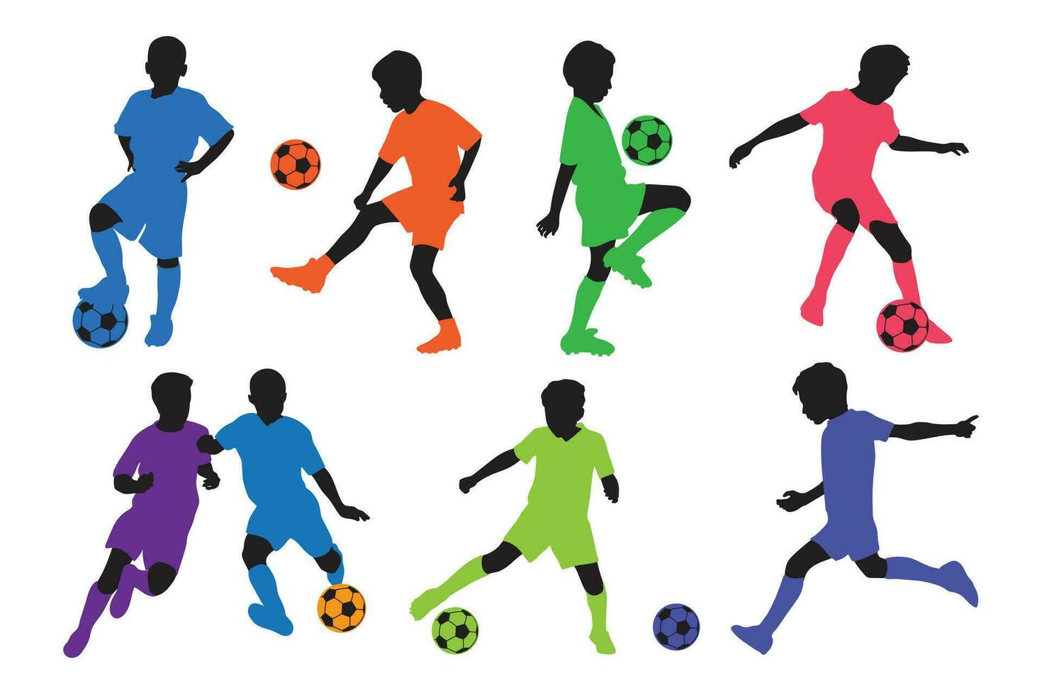 Vector flat design boy playing soccer football silhouette