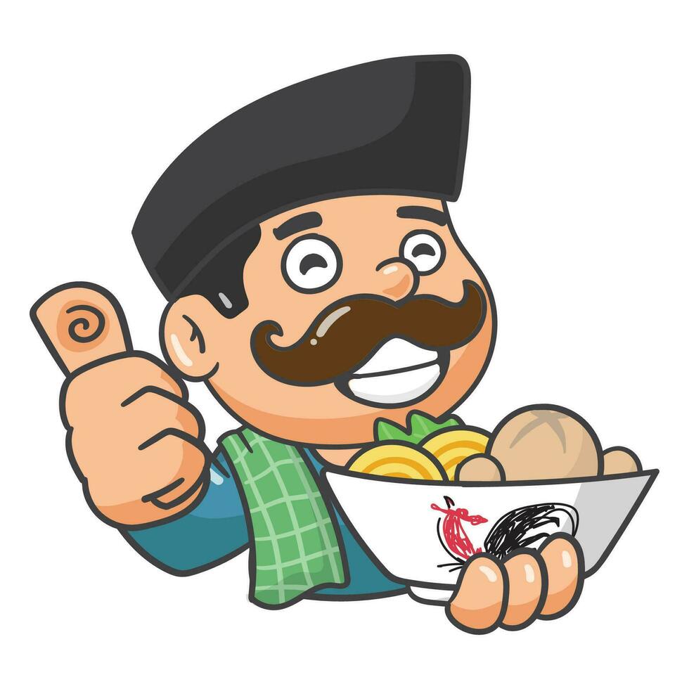 Vector illustration of man with happy face selling meatball or food