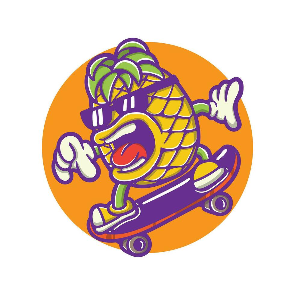 Vector cute pineapple playing skateboard with metal hand cartoon vector icon illustration