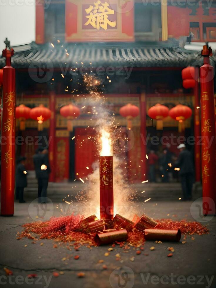 Fire cracker at temple  celebrating for Chinese New Year. photo