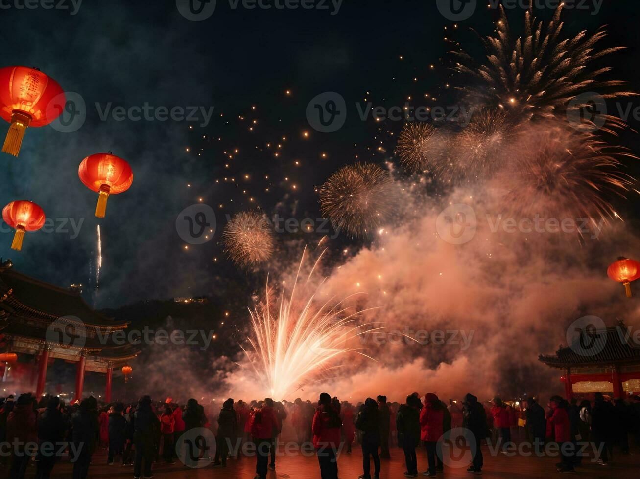 Fire cracker at temple  celebrating for Chinese New Year. photo