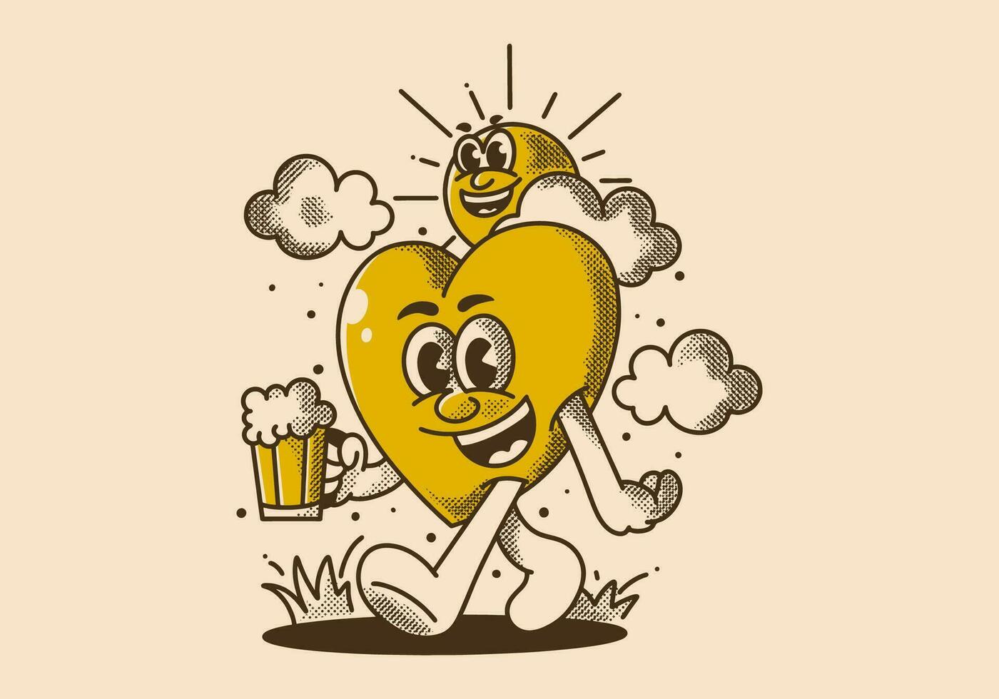 Your happiness depends on your actions. Character of a sun and heart holding a beer. in happy face vector