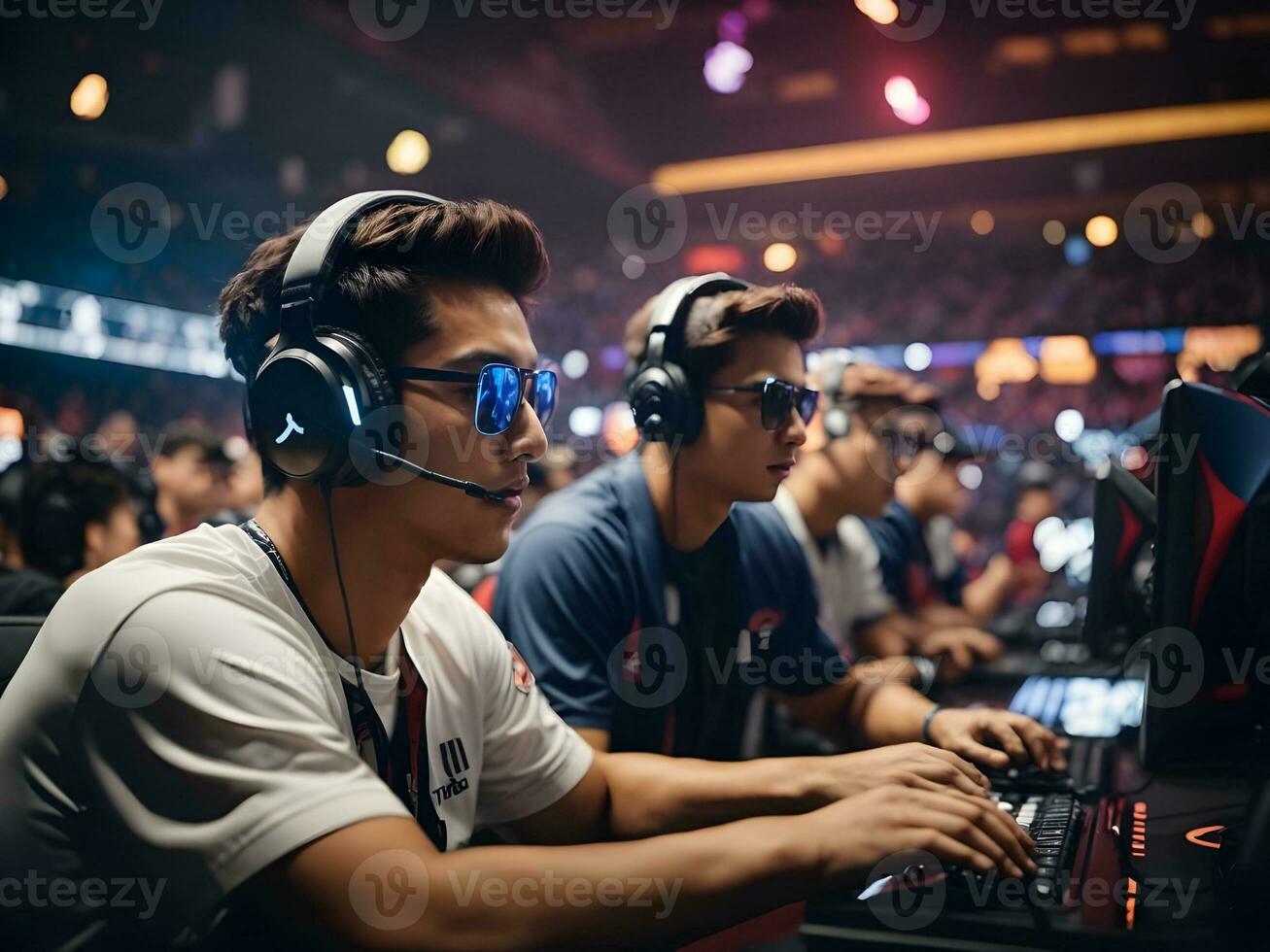 Man playing online game with team player, E-sport concept. photo