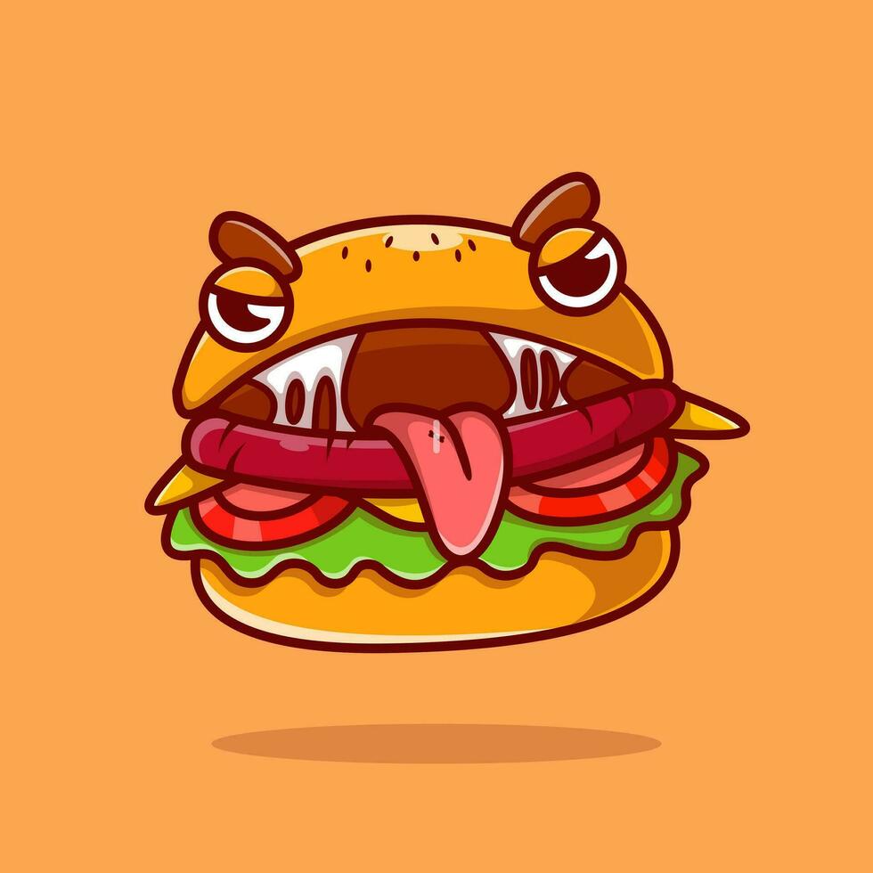 Cute Burger Monster Cartoon Vector Icon Illustration. Food Object  Icon Concept Isolated Premium Vector. Flat Cartoon Style