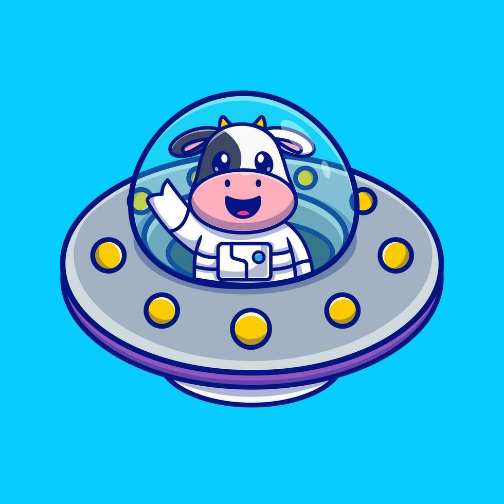 linda vaca astronauta en OVNI dibujos animados vector icono ilustración. animal Ciencias icono concepto aislado prima vector. plano dibujos animados estilo