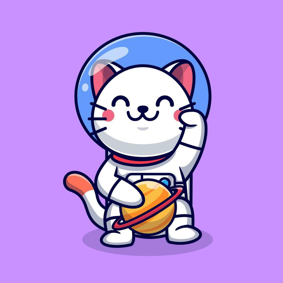 Cute Cat Astronaut With Planet Cartoon Vector Icon Illustration. Animal Science Icon Concept Isolated Premium Vector. Flat Cartoon Style