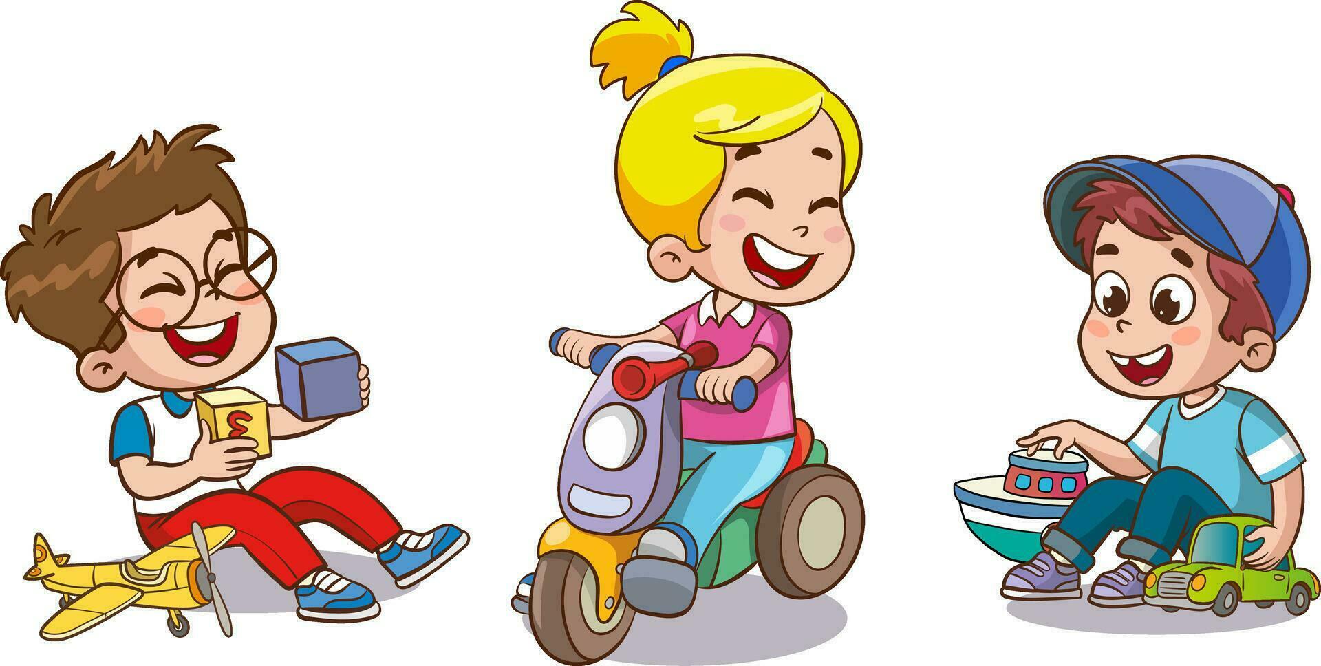 vector ilustración de dibujos animados niños jugando con un juguete coche y un robot