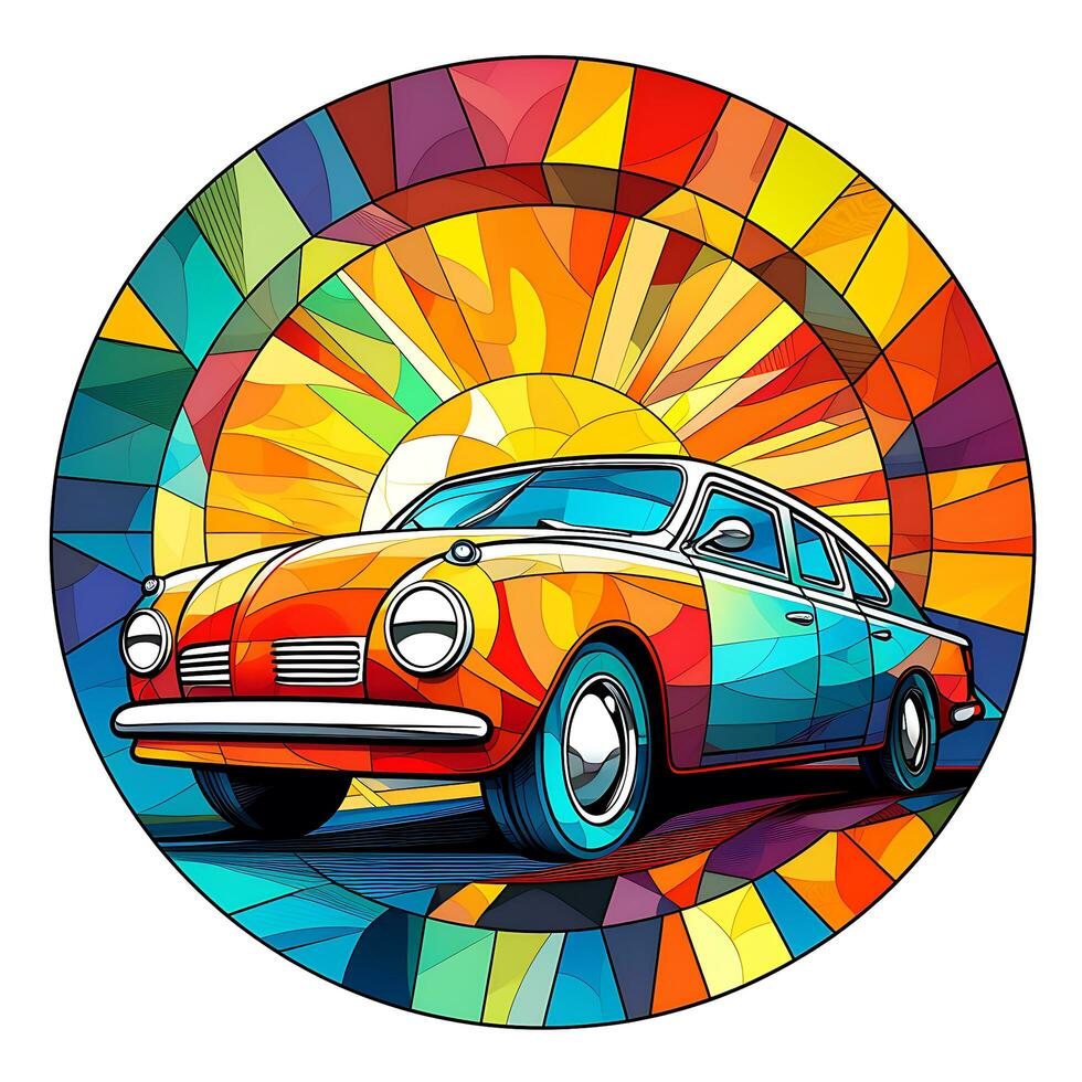 A View of a Car in a circle of colorful Stained Glass Illustration Design photo