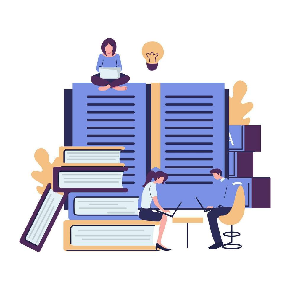 people learning with book and laptops, people get education via online website, people learning schenes flat vector
